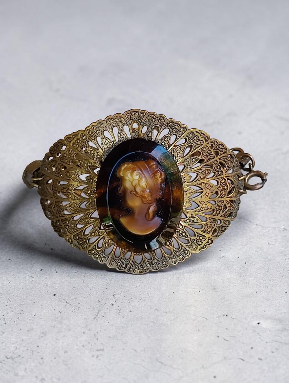 Antique Victorian Tortoise Shell Glass Cameo Book Chain Bracelet